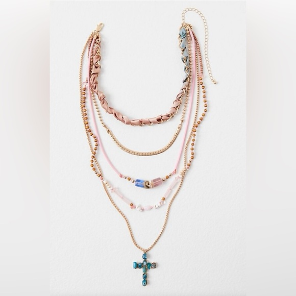 Free People Acadamia Pink and Gold Layered Necklace  NWT - Picture 4 of 8